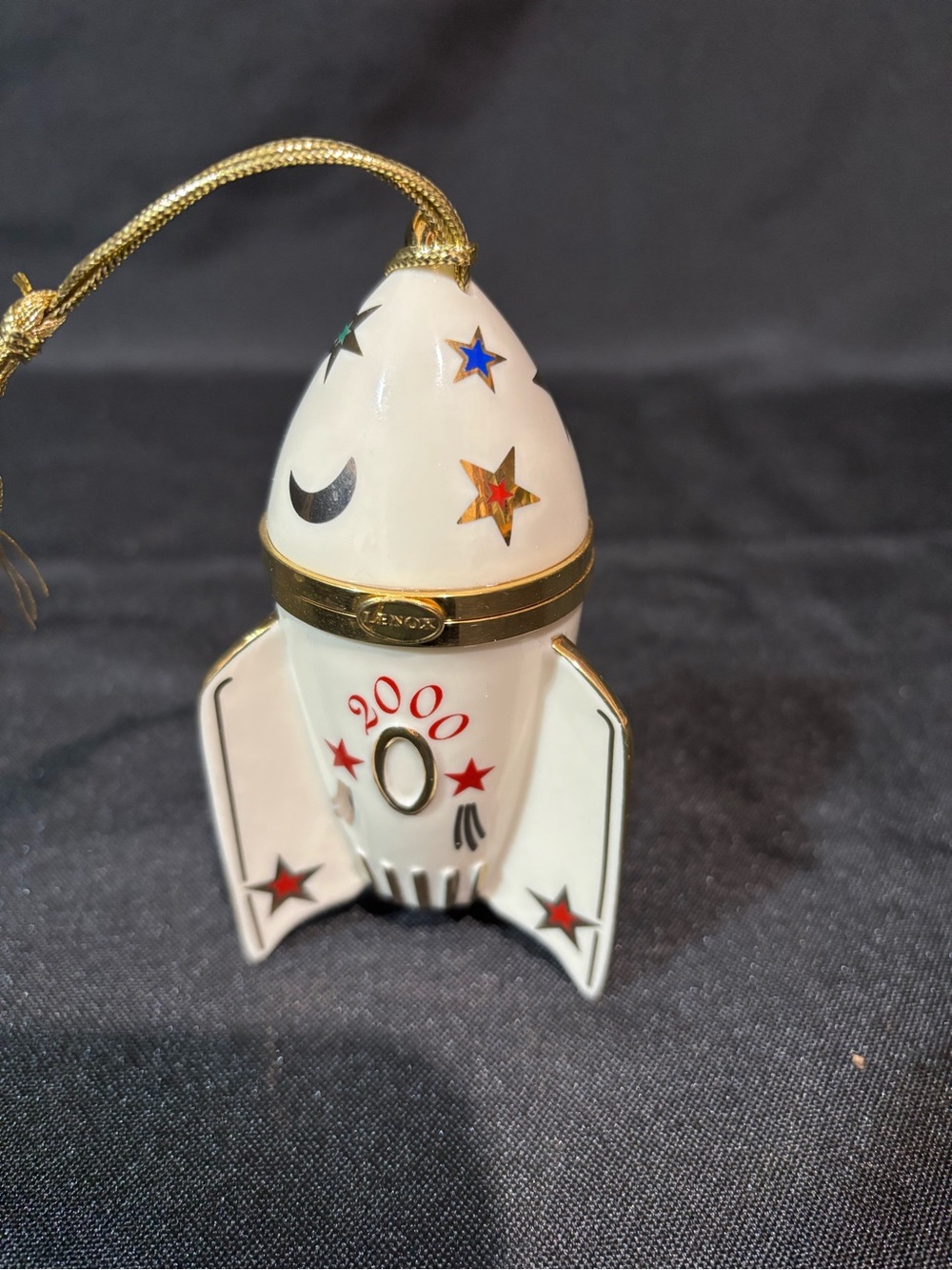 Lenox White Porcelain Rocket Ornament with Gold Trim and Multicolor Stars